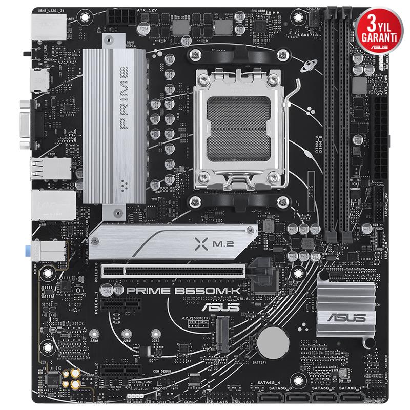 ASUS PRIME B650M-K DDR5 6400MHZ 1XVGA 1XHDMI 2XM.2 USB 3.2 MATX AM5 (AMD AM5 9000/8000/7000 SERİLERİ İLE UYUMLU)