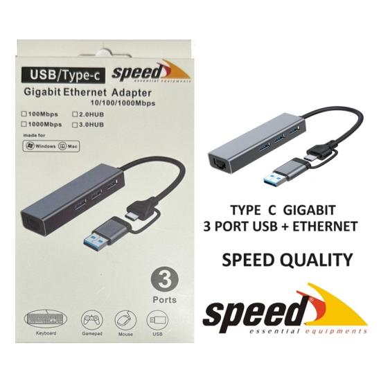 SPEED SP-UET01 USB3.0/TYPE-C 3 PORT USB 3.0 ÇOKLAYICI GIGABIT ETHERNET DÖNÜŞTÜRÜCÜ