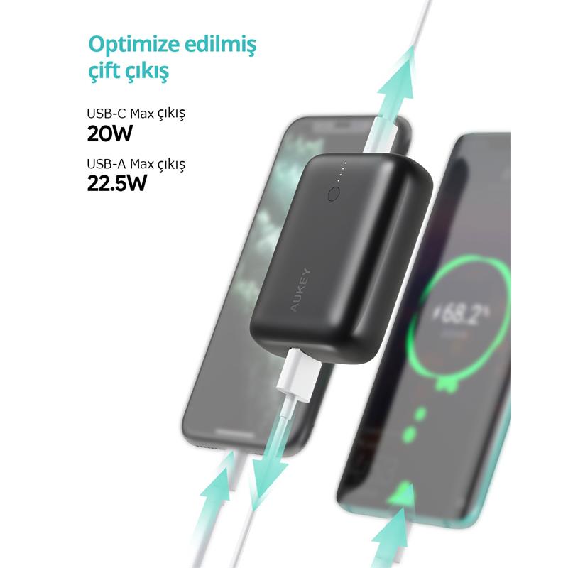 AUKEY PB-N83S-BK 22.5W SCP 18W PD VE QC 3.0 10000 MAH PD MİNİ TYPE-C POWERBANK